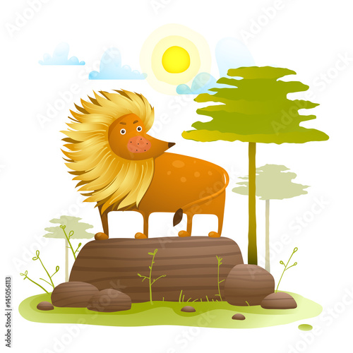 Fototapeta Naklejka Na Ścianę i Meble -  Lion animal cartoon in wild nature with trees lawn and rock