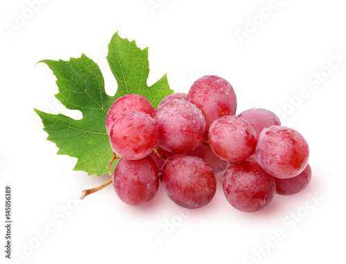 bunch of grapes with leaves isolated on a white background.