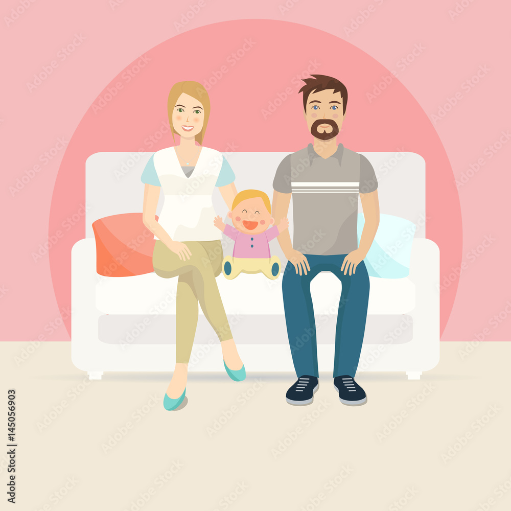 Obraz premium Happy family of three people sitting on sofa. Flat design