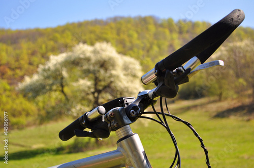 Bicycle in nature in front of blooming tree, Bicycle tourism concept