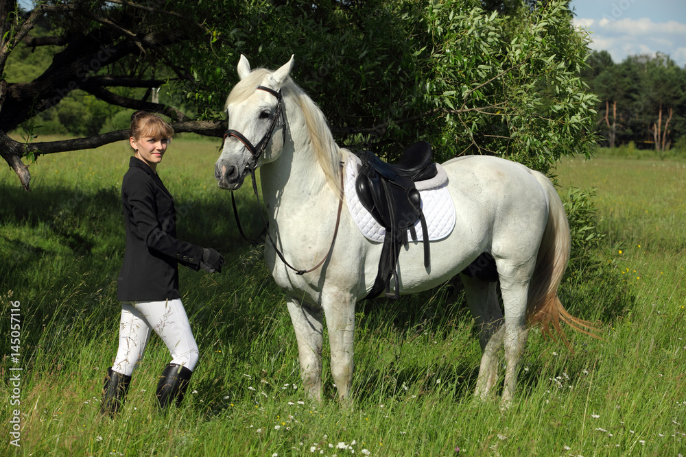 White purebred horse and blonde woman portrait, English riding clothes 