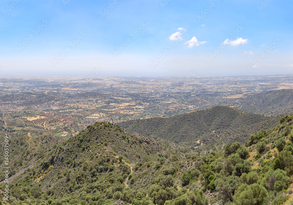 Panoramic top view from mountain on surrounding landscape. Cyprus.
