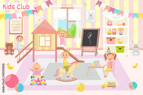 Kindergarten vector illustration. Kids club. Flat design. Children's activity in the play room. Playing, education.