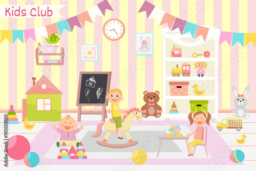 Kindergarten vector illustration. Kids club. Flat design. Children's activity in the play room. Playing, education.