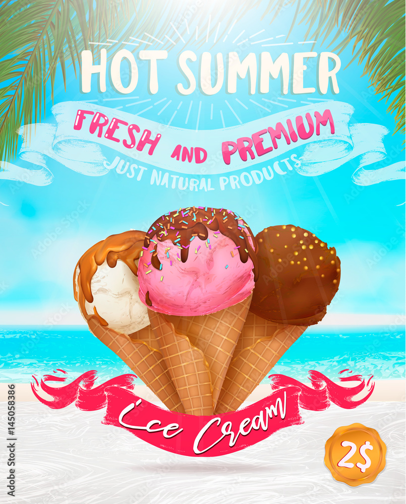 Ice cream poster design: chocolate, vanilla, scoops,waffle cone,different  colors, forms. Summer beach,vector illustration, editable elements,3d tasty  set,delicious Icecream Flyer Design, background Stock Vector | Adobe Stock