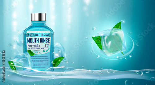 Mouth rinse ads with refreshing mint. Mouthwash, splashing aqua, water drops, mint leaves. Hand drawn elements, 3d vector illustration, cosmetics product, blure and bokeh background, sparkling effect.
