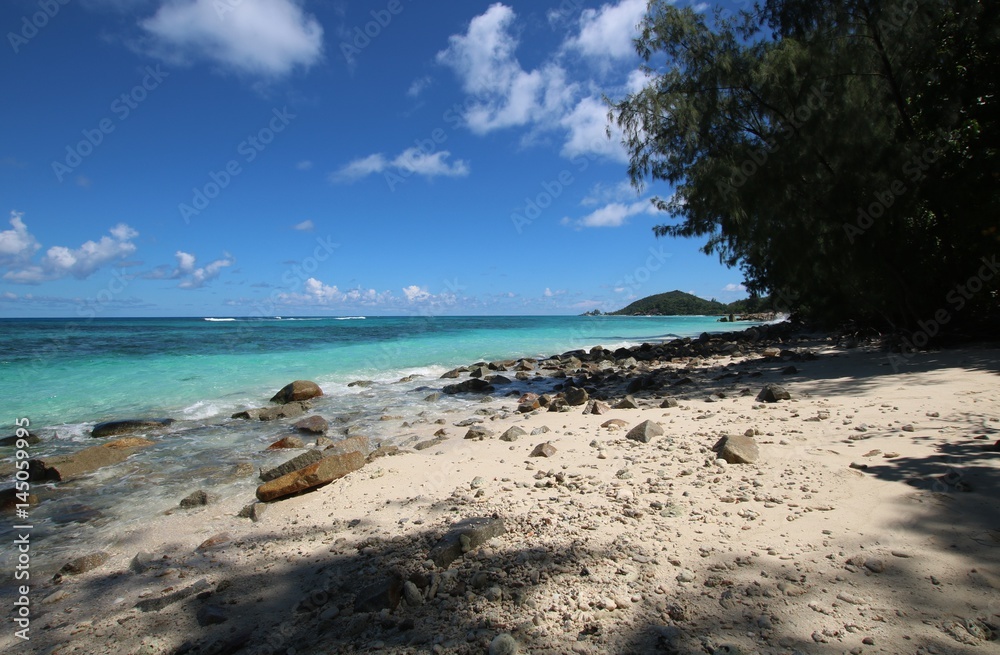 Beach Grand Anse, Praslin Island, Seychelles, Indian Ocean, Africa / The beautiful white sandy beach is bordered by large red granite rocks. 