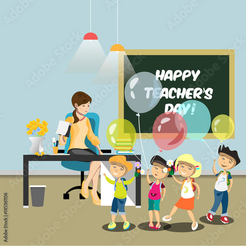 Children congratulate the teacher in the classroom.