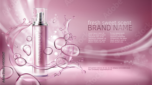 Vector 3D illustration poster with moisturizing cosmetic premium products, pink background with beautiful spray bottle and watery texture