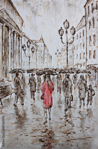 woman in red dress walking under rain with umbrella on moscow streets, original monochrome painting on canvas part of gallery collection