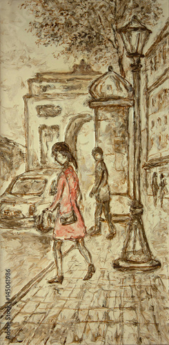 woman in red on bus stop - monochrome original painting on canvas part of gallery collection
