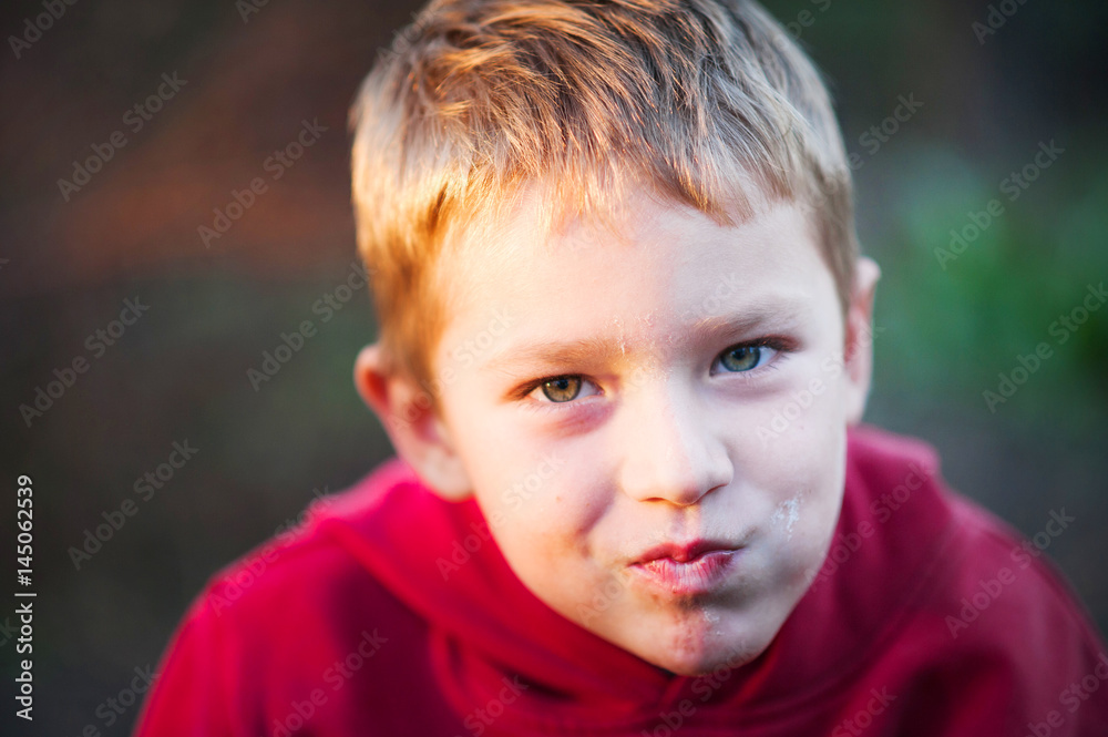 A cheerful boy with an apple rejoices, jumps and dances in summer in nature in the rays of the setting sun. A cheerful child in a red sweater and black pants. A boy eats an apple and grimaces A cheerful boy with an apple rejoices, jumps and dances in summer in nature in the rays of the setting sun. A cheerful child in a red sweater and black pants. A boy eats an apple and grimaces