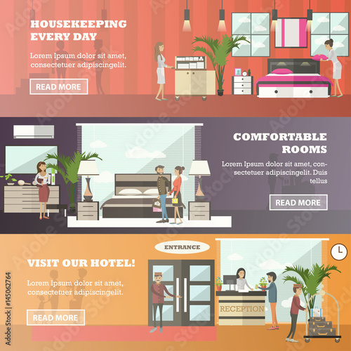Vector set of hotel horizontal banners in flat style