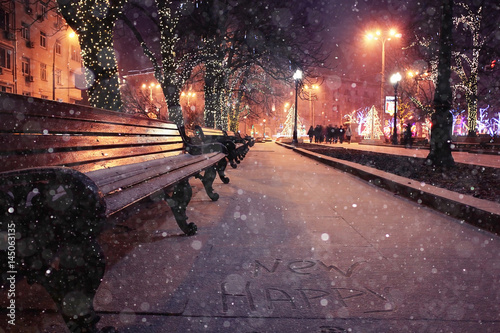 Photography New Year in the city park, night landscape bench