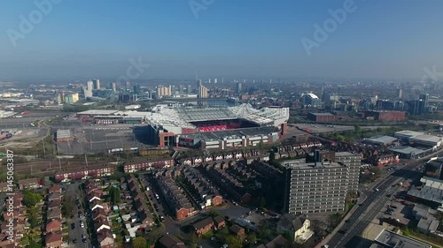 Rising aerial view of Manchester city centre, UK.