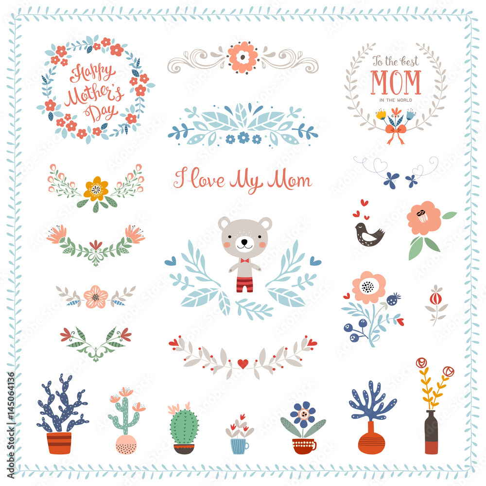 Mother's Day collection with typographic design elements. Decorative flowers, branches, floral wreaths and frames, butterfly, bird, Teddy Bear, plant pots and vases. Vector illustration.