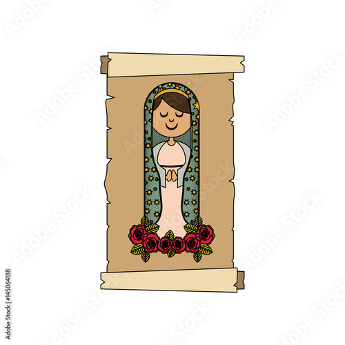 colorful background with canvas of virgin of guadalupe with floral ornament of roses vector illustration