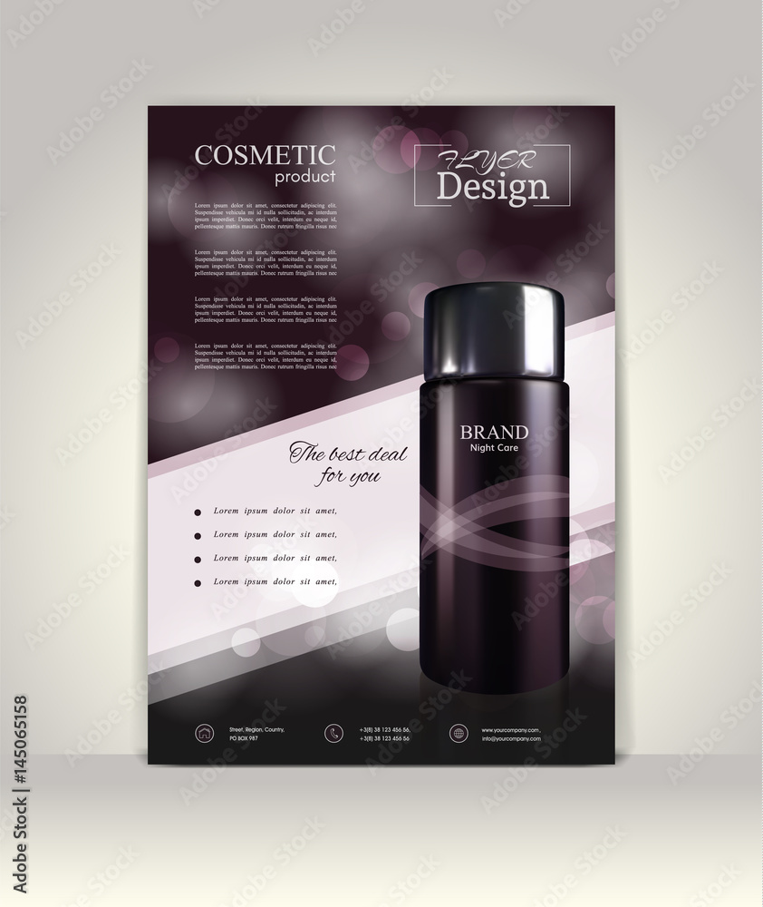 Flyer, brochure or magazine cover template. Cosmetic ads poster.3D Realistic vector illustration in soft purple color.