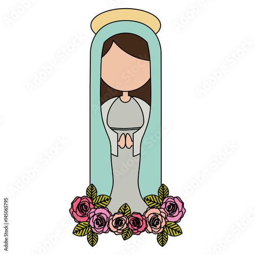 white background of colorful faceless christian virgin and ornament of roses vector illustration