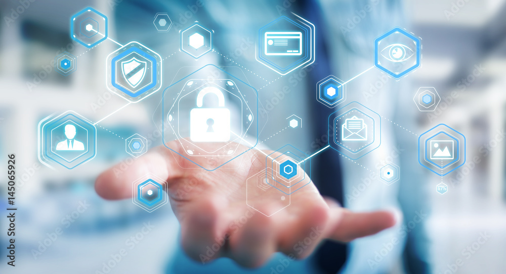 Businessman using antivirus to block a cyber attack 3D rendering Businessman using antivirus to block a cyber attack 3D rendering