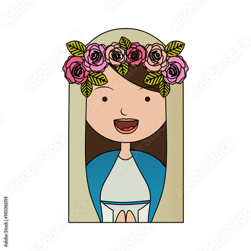 white background of colorful half body beautiful virgin with crown of roses vector illustration