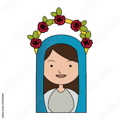 white background of colorful half body beautiful virgin with crown of roses and blue mantle vector illustration