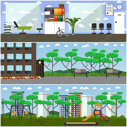 Vector set of maternity hospital and kindergarten interior flat posters
