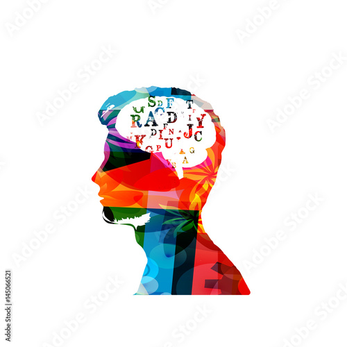 Colorful man's head with alphabet letters isolated vector illustration