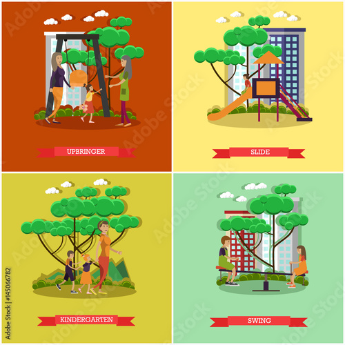 Vector set of kindergarten kids posters in flat style.
