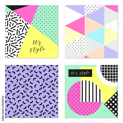Cute set of four 80's style trendy seamless patterns