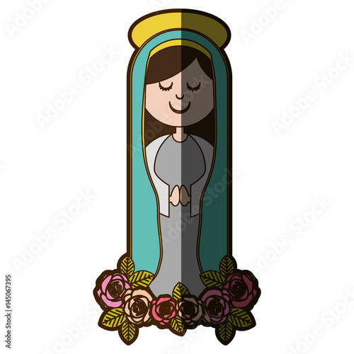 white background of christian virgin and ornament of roses with half shadow vector illustration