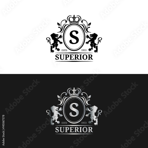 Vector monogram logo template. Luxury letter design. Graceful vintage character with crown and lions illustration.