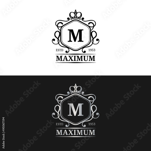 Vector monogram logo template. Luxury letter design. Graceful vintage character with crown illustration for hotel etc.