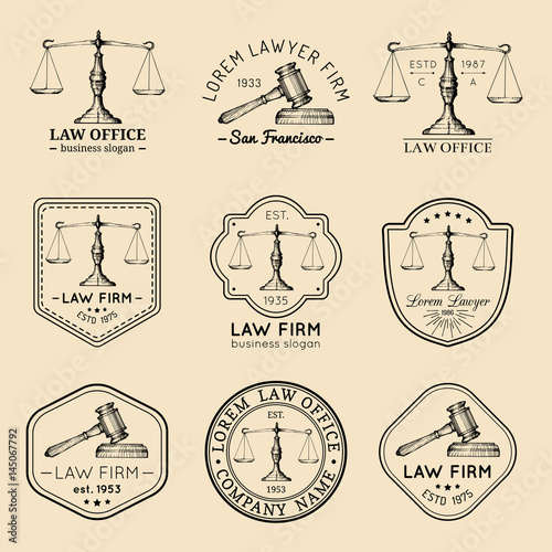 Law office logos set with scales of justice, gavel illustrations. Vector vintage attorney, advocate labels, firm badges.