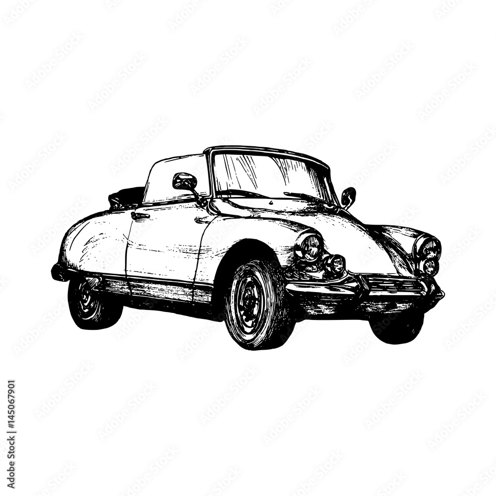 Retro sport car vector illustration. Hand sketched retro automobile. Vintage car logo for company, store, garage label.