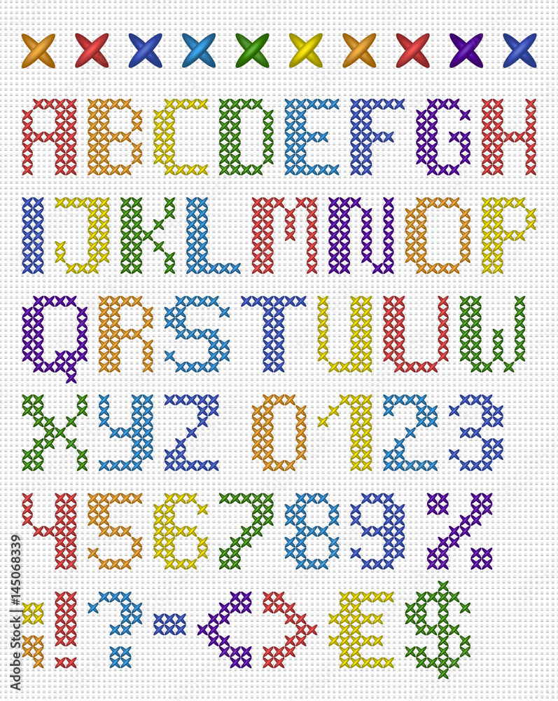 Colorful cross stitch uppercase english alphabet with numbers and symbols. Isolated on white cloth texture