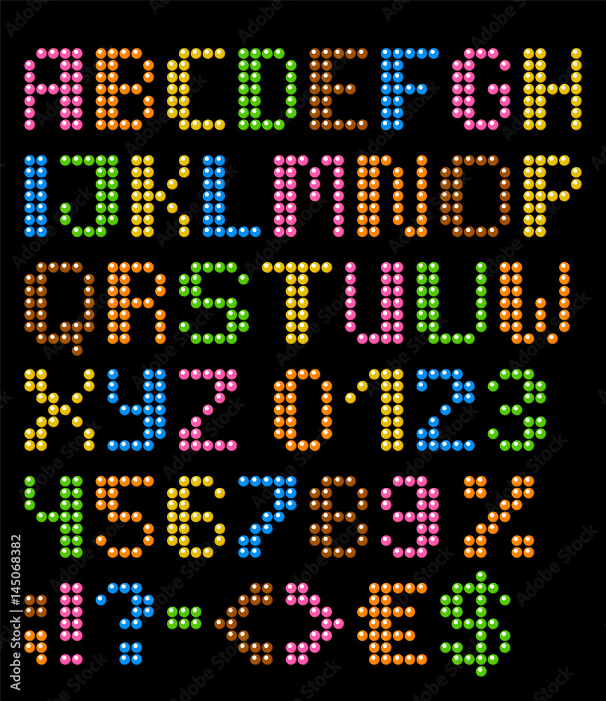 Jewellery english alphabet with numbers and symbols. Vector set of the characters from beads. Jewellery english alphabet with numbers and symbols. Vector set of the characters from beads.