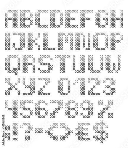 Grey cross stitched english font with numbers and symbols. Vector set. Isolated on white background