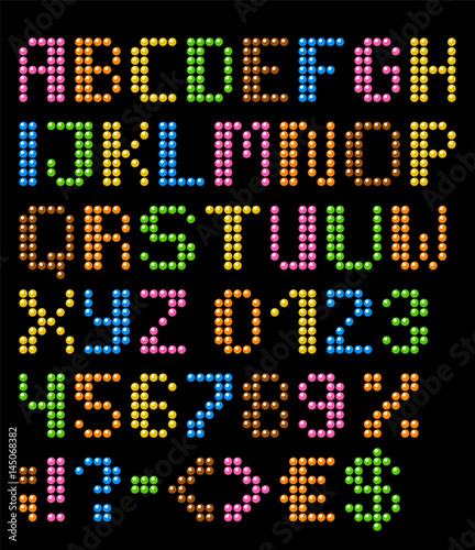 Jewellery english alphabet with numbers and symbols. Vector set of the characters from beads.