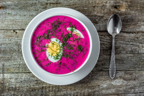 Cold soup with beet leaves served with egg, summer cooking concept