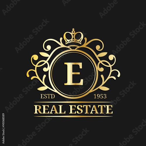 Vector real estate monogram logo template.Luxury letter design.Graceful vintage character with crown symbol illustration