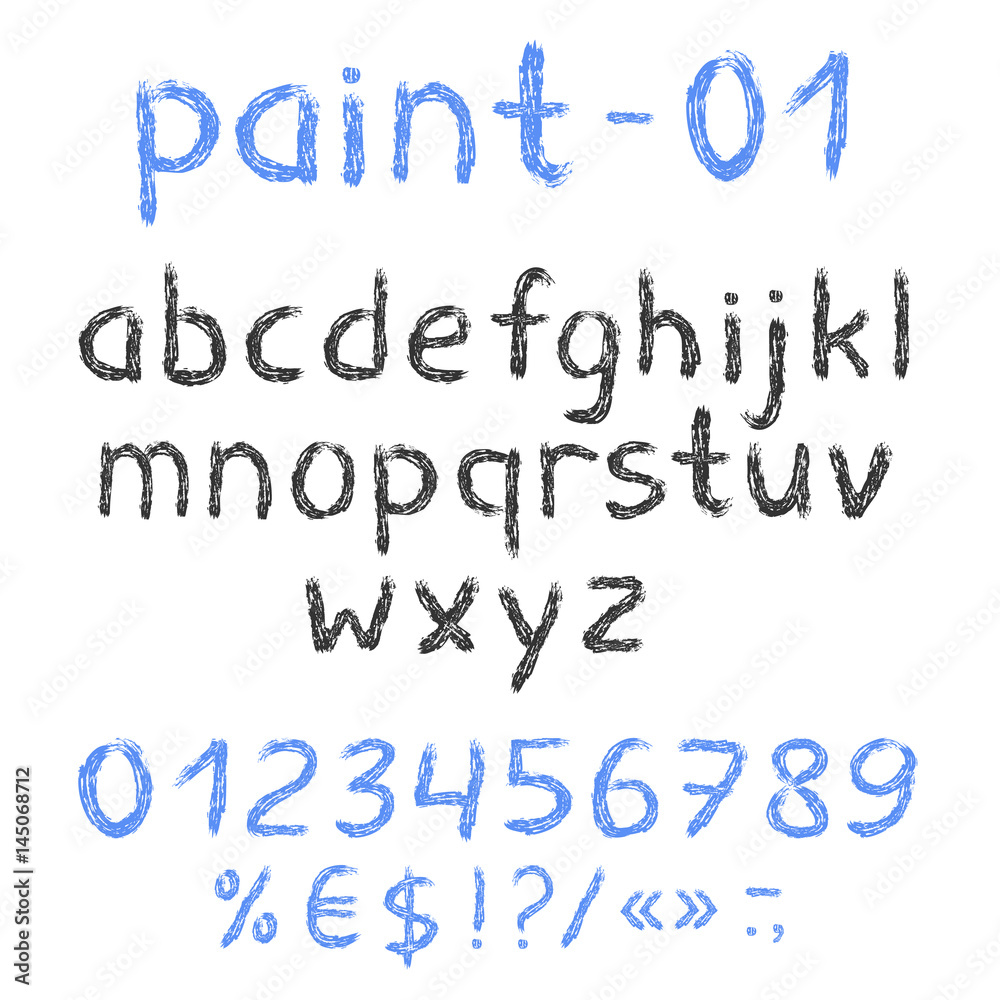 Grunge grey painted english alphabet with numbers and symbols. Vector set. Isolated on white background Grunge grey painted english alphabet with numbers and symbols. Vector set. Isolated on white background