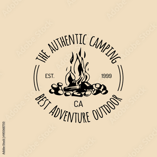 Vector camp logo. Tourism sign with hand drawn bonfire illustration. Retro hipster emblem, label of outdoor adventures.
