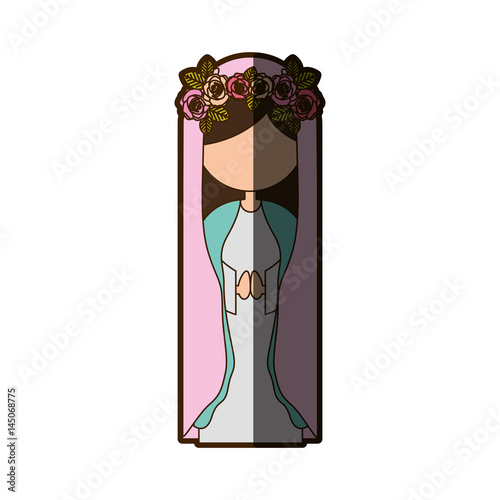 white background of faceless virgin with crown of roses and pink mantle with half shadow vector illustration