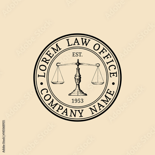 Law office logo with scales of justice illustration. Vector vintage attorney, advocate label, juridical firm badge.
