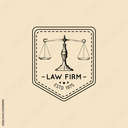 Law office logo with scales of justice illustration. Vector vintage attorney, advocate label, juridical firm badge.