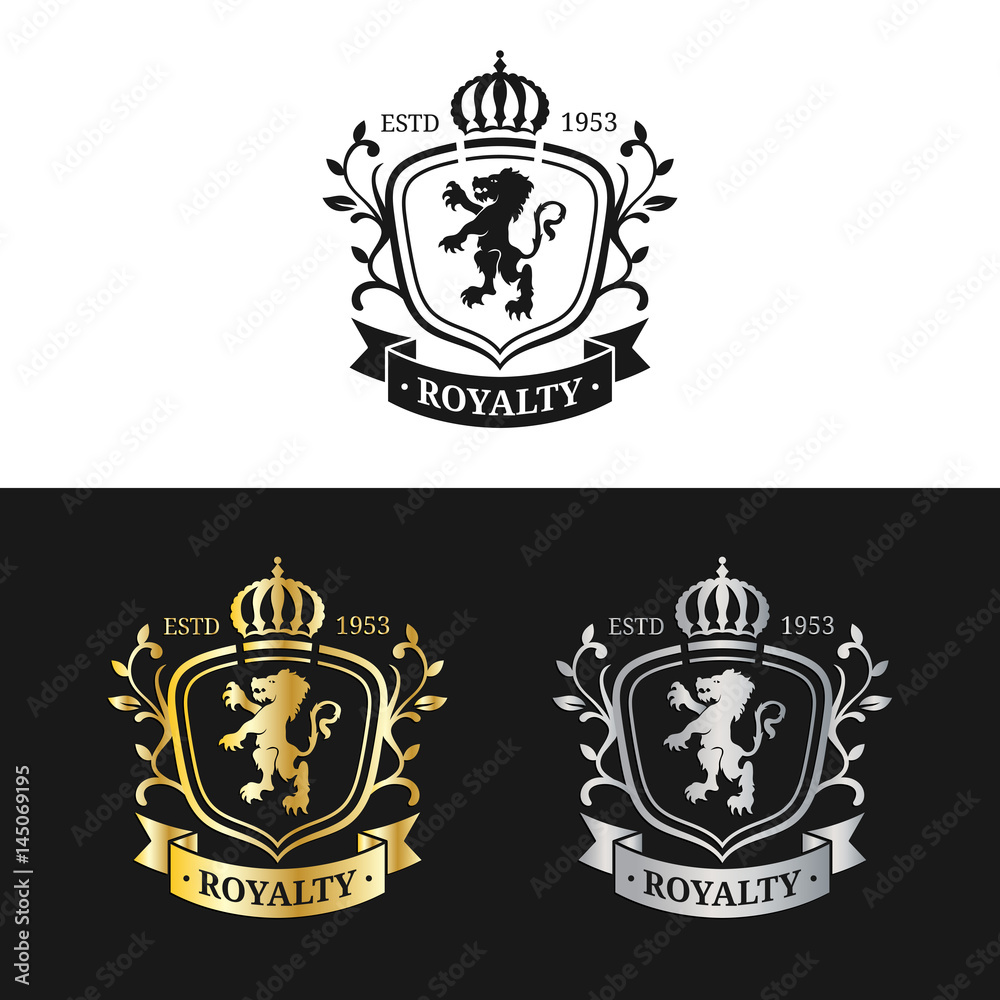 Vector monogram logo template. Luxury crown design. Graceful vintage griffins silhouettes illustration.