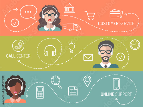 Vector set of call center, customer service, online support banners in trendy flat style.