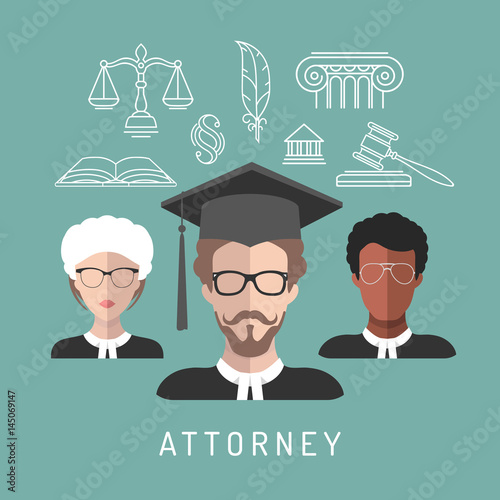 Vector male and female lawyer app icons with attorney symbols in flat style. Advocate man and woman faces avatars signs.