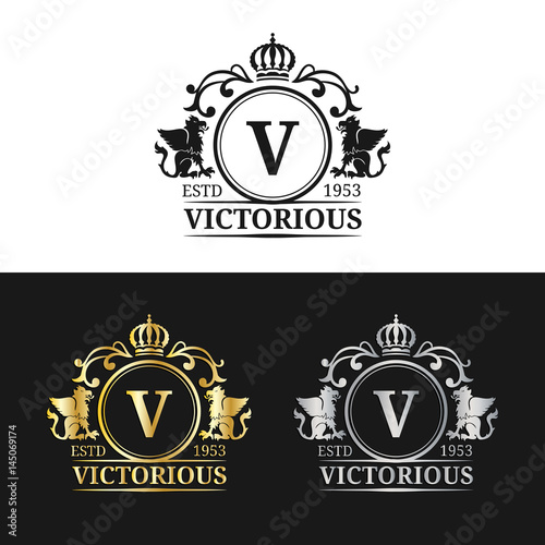 Vector monogram logo template. Luxury letter design. Graceful vintage character with griffins symbols illustration.